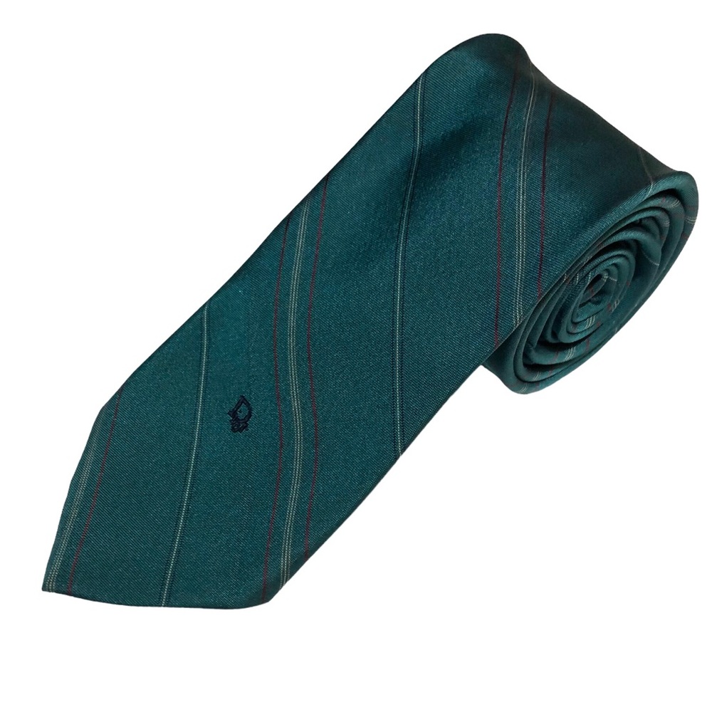 CHRISTIAN DIOR Teal Striped Silk Blend Tie- VINTAGE